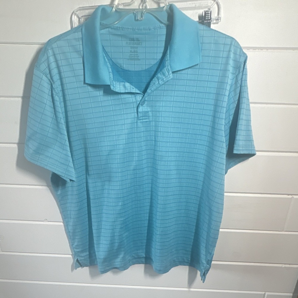 Haggar Cool 18 Performance Men's Polo Shirt Blue Check XL Short Sleeve Button